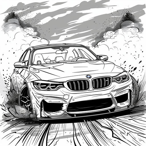 A BMW car in a humorous animated setting with exaggerated expressions in the style of a Butch Hartman coloring book page