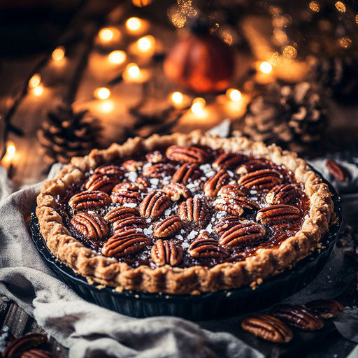 Festive pecan pie with caramelized pecans and sea salt