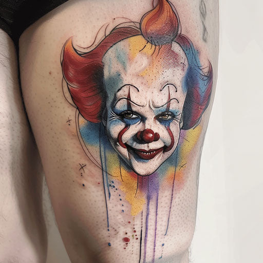 Watercolor-style sad clown tattoo on white background