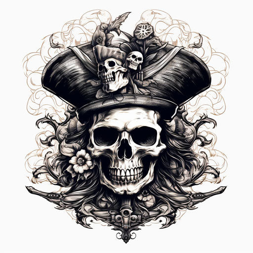 Skull pirate tattoo hat emblem drawing illustration