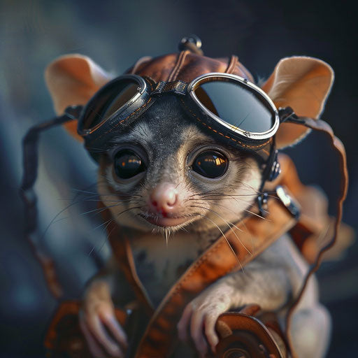 Flying squirrel with a tiny aviator hat and goggles