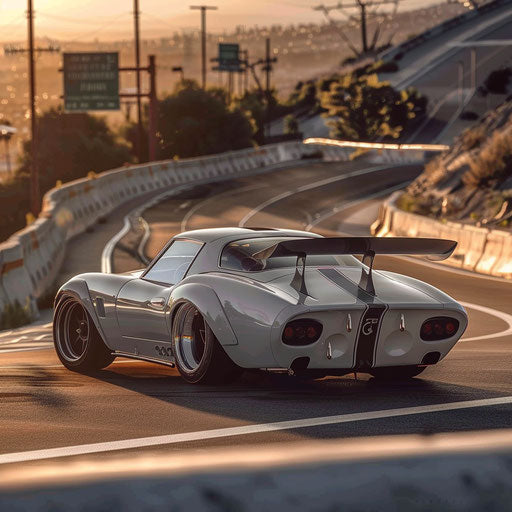 Shelby Daytona tuned for drifting with wide tires and custom spoiler, sliding around an urban drift course.