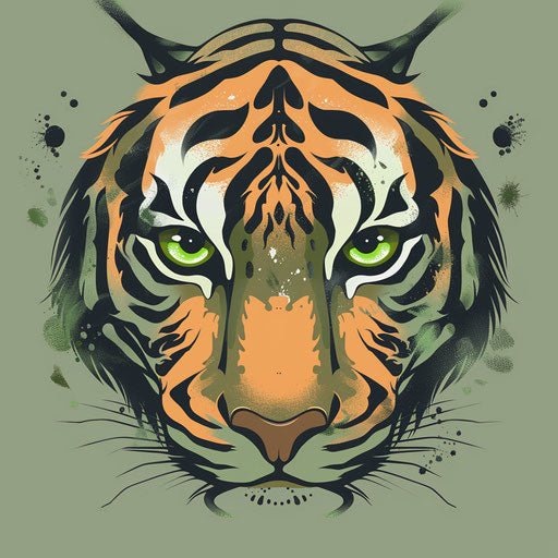 Zen-inspired tattoo sketch in flat style, featuring tiger eyes with tranquil jade and olive tones