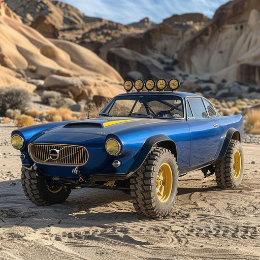 1966 Volvo P1800 with fat tires and lifted suspension ready for off-road desert adventure