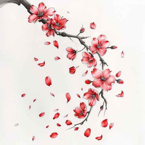 Dynamic flat tattoo sketch of sakura petals falling in a gentle breeze