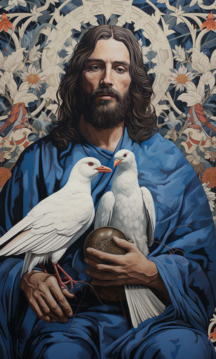 Jesus with a pair of doves, hyper-detailed illustration