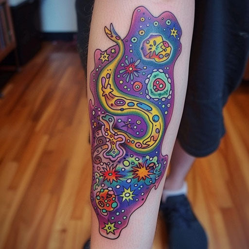Tiny cute tattoos in the style of Guy Aitchison with cosmic, colorful patterns
