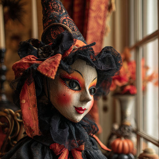 A Smiling Witch Doll with Halloween Decorations