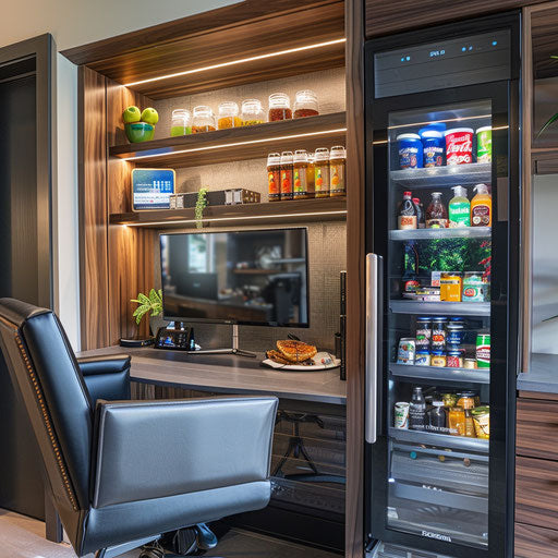Home office with built-in coffee bar and stocked mini-fridge