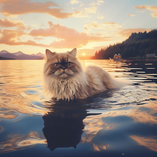 Himalayan cat swimming in a lake by the shore