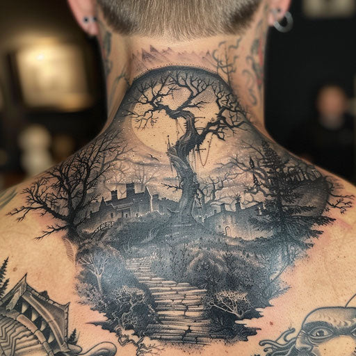 Men's neck tattoo surreal fantasy landscape