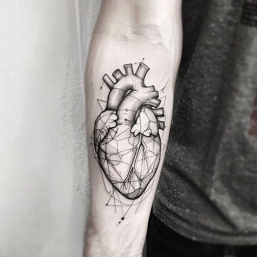 Abstract interpretation of an anatomical heart tattoo with fragmented geometric shapes