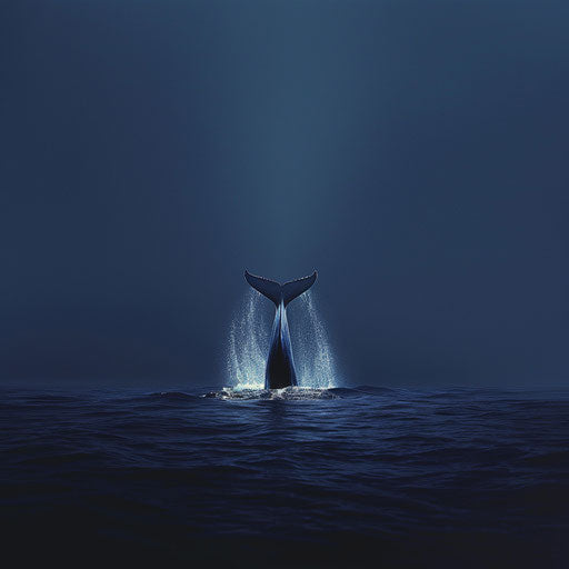 A blue whale diving into the deep sea with its tail high above the water