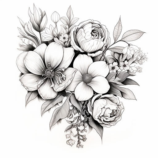 Bold floral sketch in traditional style, realistic details