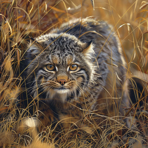A manul cat stalking through the high grasslands