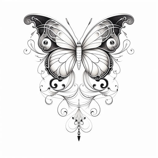 Black and white butterfly tattoo template 77, Victor Horta style, sketchy