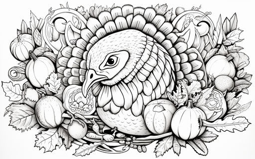 Thanksgiving turkey coloring page, birds-eye-view style, death burger, cranberrycore 35:22