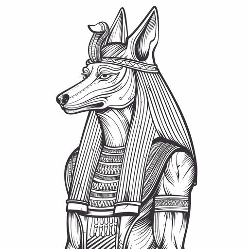 Intricate drawing of Anubis with traditional Egyptian motifs