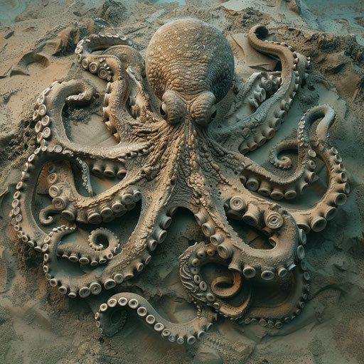 An octopus crafting an intricate sand sculpture