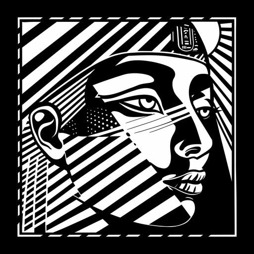 Egyptian style art in black and white, light purple and light indigo