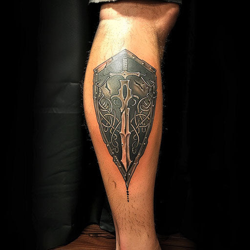 Cool tattoos for men with an Elvish shield on the leg