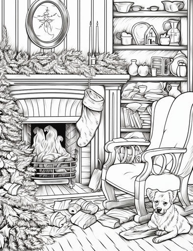 Adult coloring page with a fireplace in the background