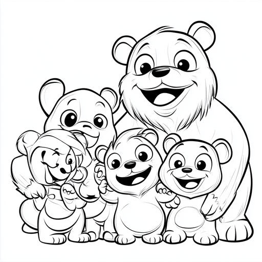 Playful gummy bear family with cute expressions in the style of a Butch Hartman coloring book page