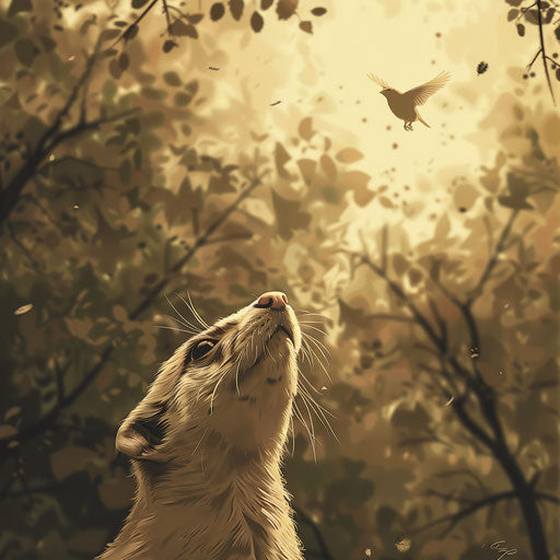 Ferret observing a bird in the trees