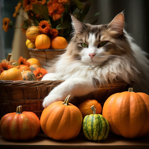 Norwegian forest cat relaxes with pumpkins