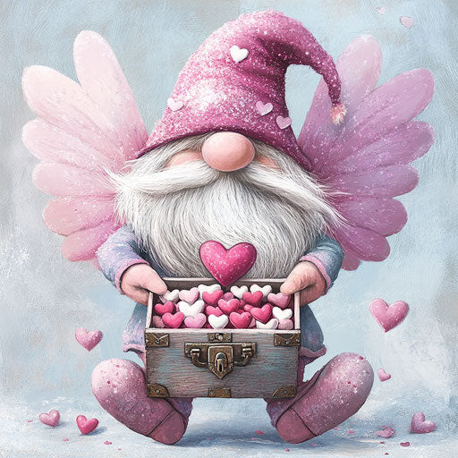 Valentine's Day gnome with wings and heart-shaped candy treasure