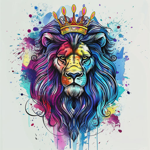 Whimsical flat tattoo sketch of a crowned lion