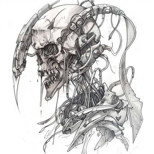 Biomechanical reaper tattoo with organic and mechanical parts intertwined, designed on a plain white background.