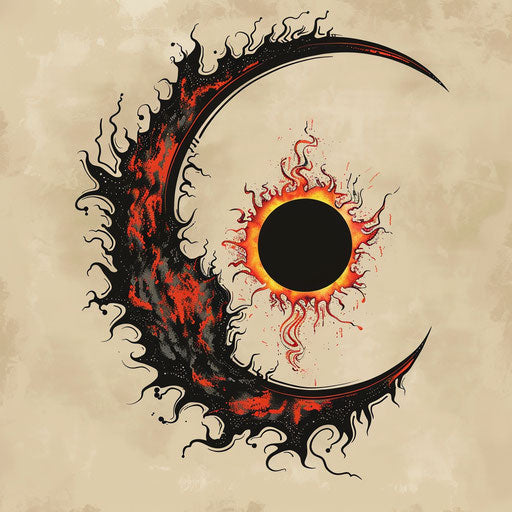 Dramatic tattoo sketch of a half moon eclipsing the sun, fiery orange and black clipart style