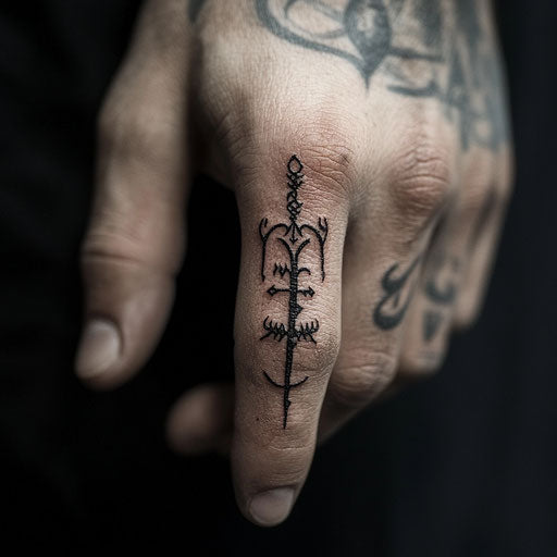 Small finger tattoos in the style of Peter Jackson with elvish runes and symbols