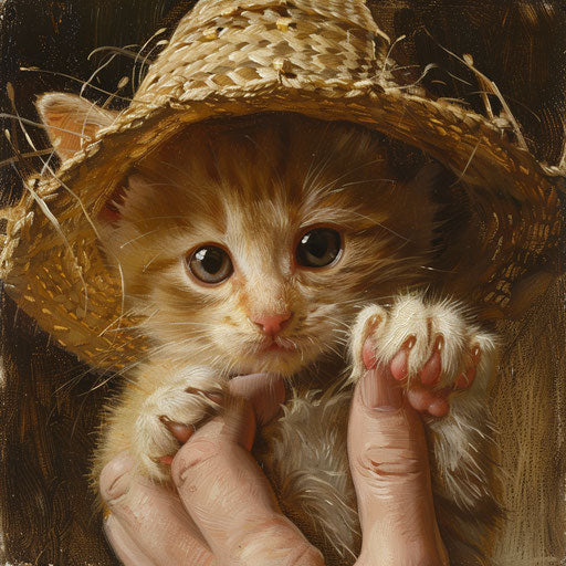 Kitten in straw hat grasped by white finger