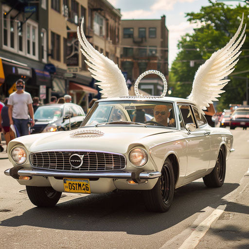 1966 Volvo P1800 with angel wings and halo, whimsically modified for a fantasy parade
