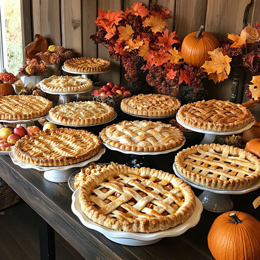 Assorted apple pie table with fall decorations