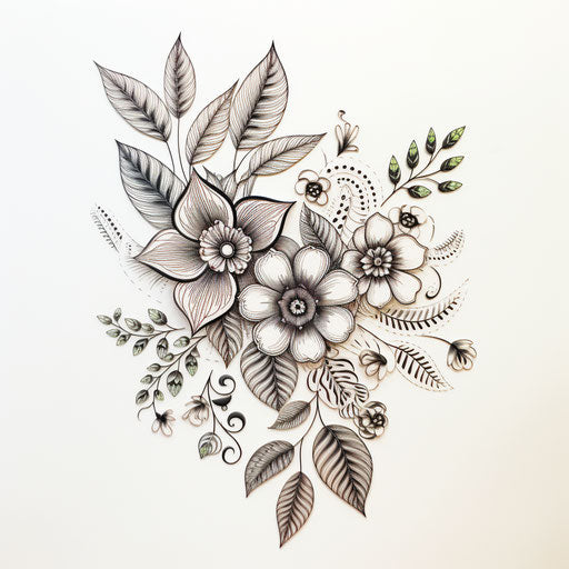 Henna flower drawings with leaves, pointillist florals style