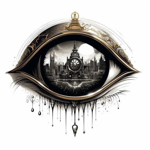 Dark eye in surreal cyberpunk style, magnified ornamentation