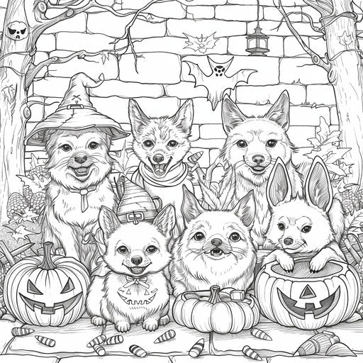 Playful scene of animals dressed up for Halloween with candy corn