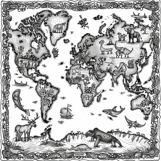 Map of the world with animals representing continents. Coloring page