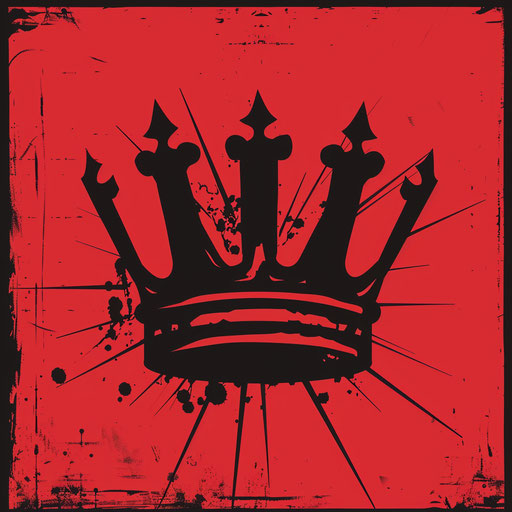 Crown logo in black and red with a bold background