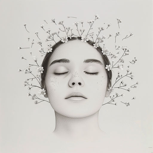 Minimalist portrait of a serene face surrounded by flowers