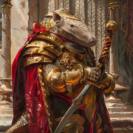 A knighted armadillo in full regalia at the royal court