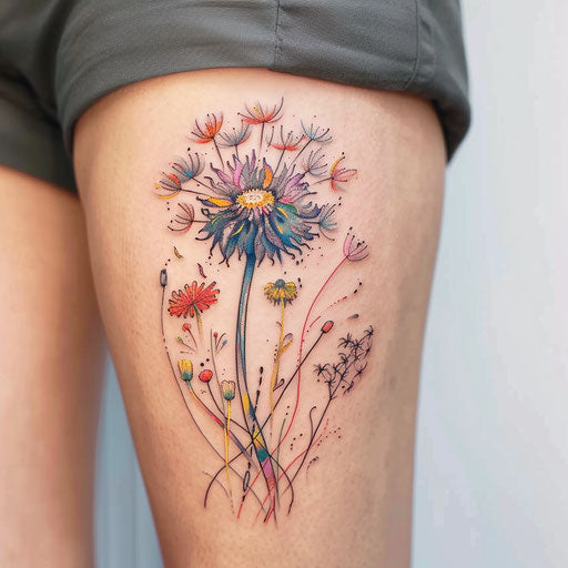 Bold neo-traditional dandelion tattoo with vivid colors