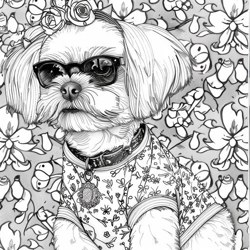 Stylish puppy in trendy outfit, coloring book page