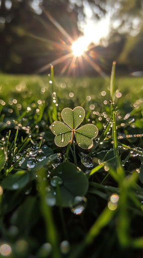 Four-leaf clover with dew in sunlight