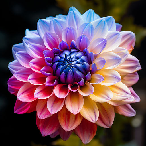 Dahlia flower in pink, yellow, red, blue, light yellow and dark bronze