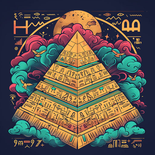 Egyptian pyramid surrounded by hieroglyphs in flat design