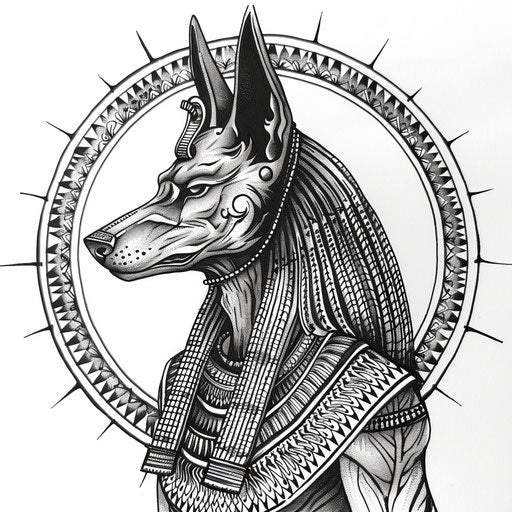 Intricate line drawing of Anubis with traditional Egyptian motifs